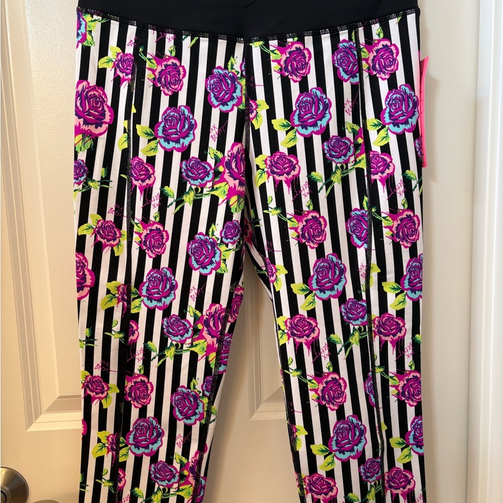 Betsey Johnson Pink Floral Striped Leggings 3001